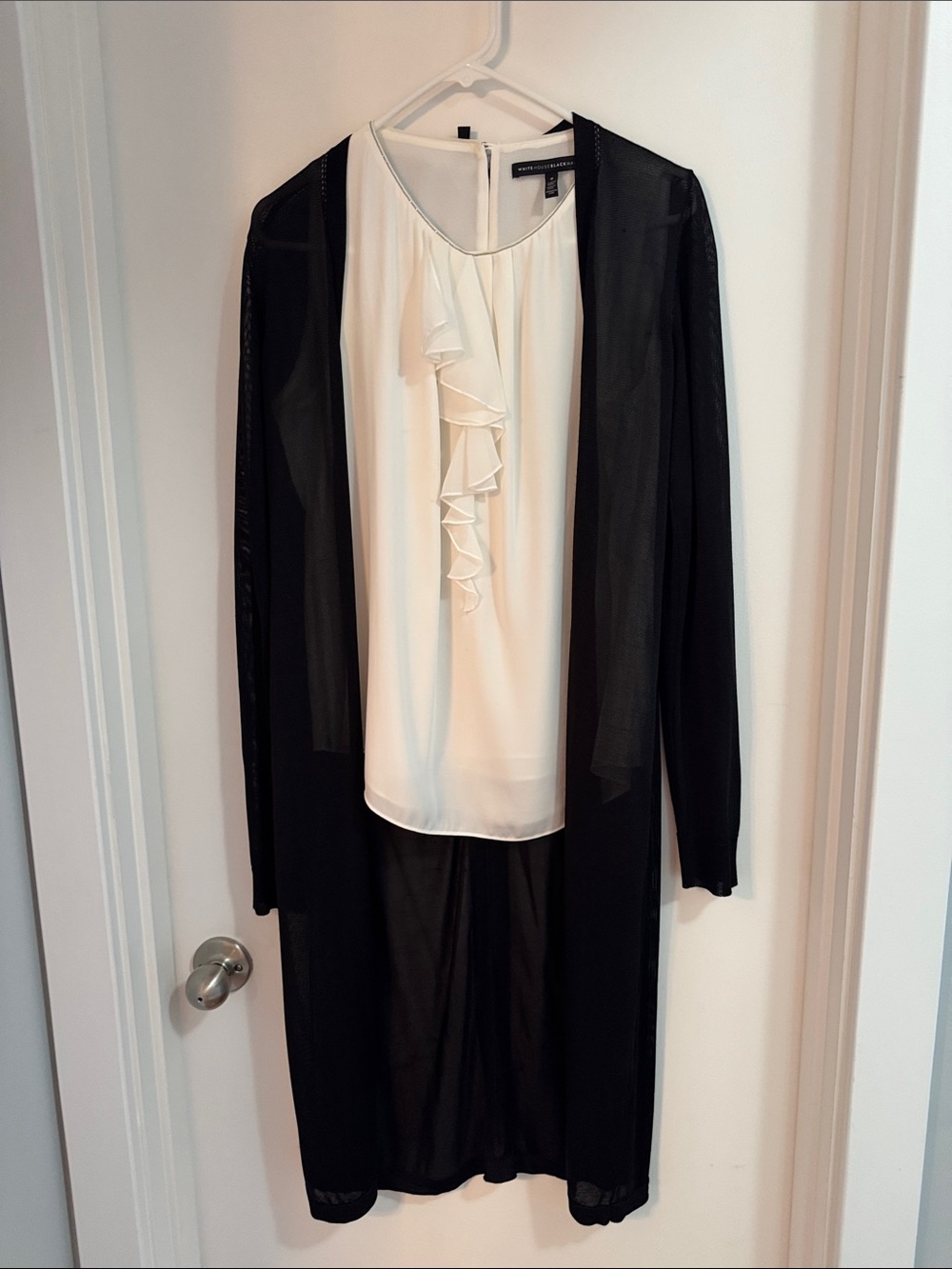 Black Sheer Duster with White Ruffle Front Blouse from White House Black Market
